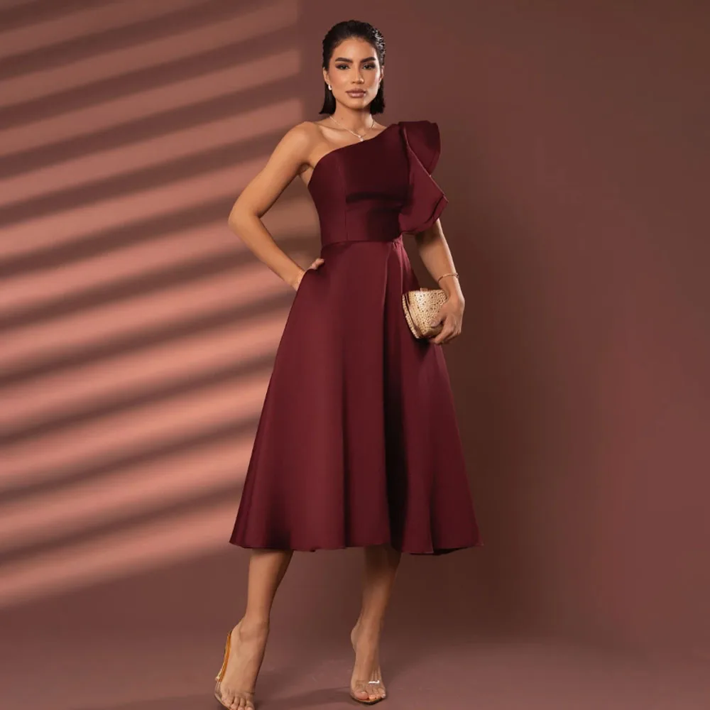 Customized High Quality Knee Length One Shoulder Sleeveless Wrinkle A-line Women Prom Evening Dresses Gece Elbisesi Düğün فساتين