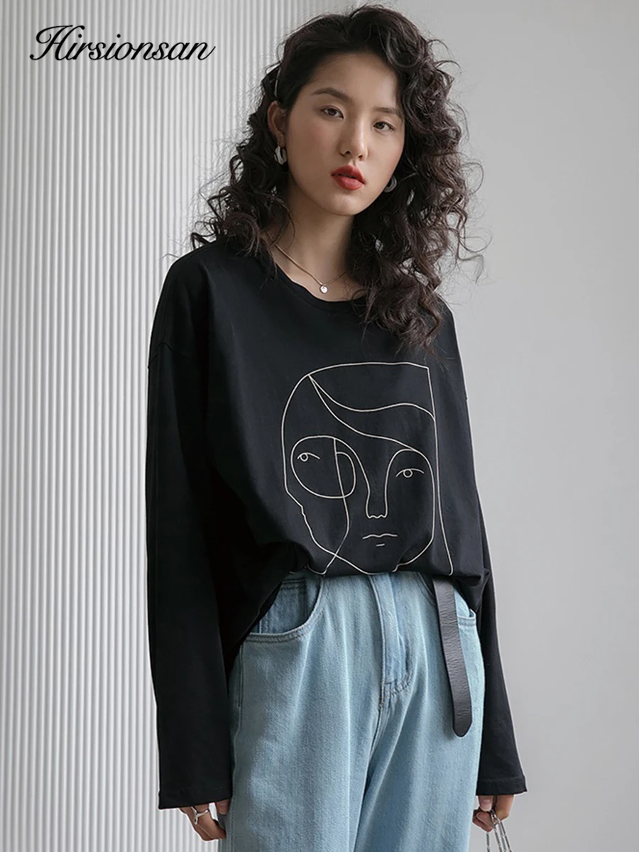 

Hirsionsan Printed Long Sleeved T-shirt for Women Loose Fit Pure Cotton Round Neck Basic Top