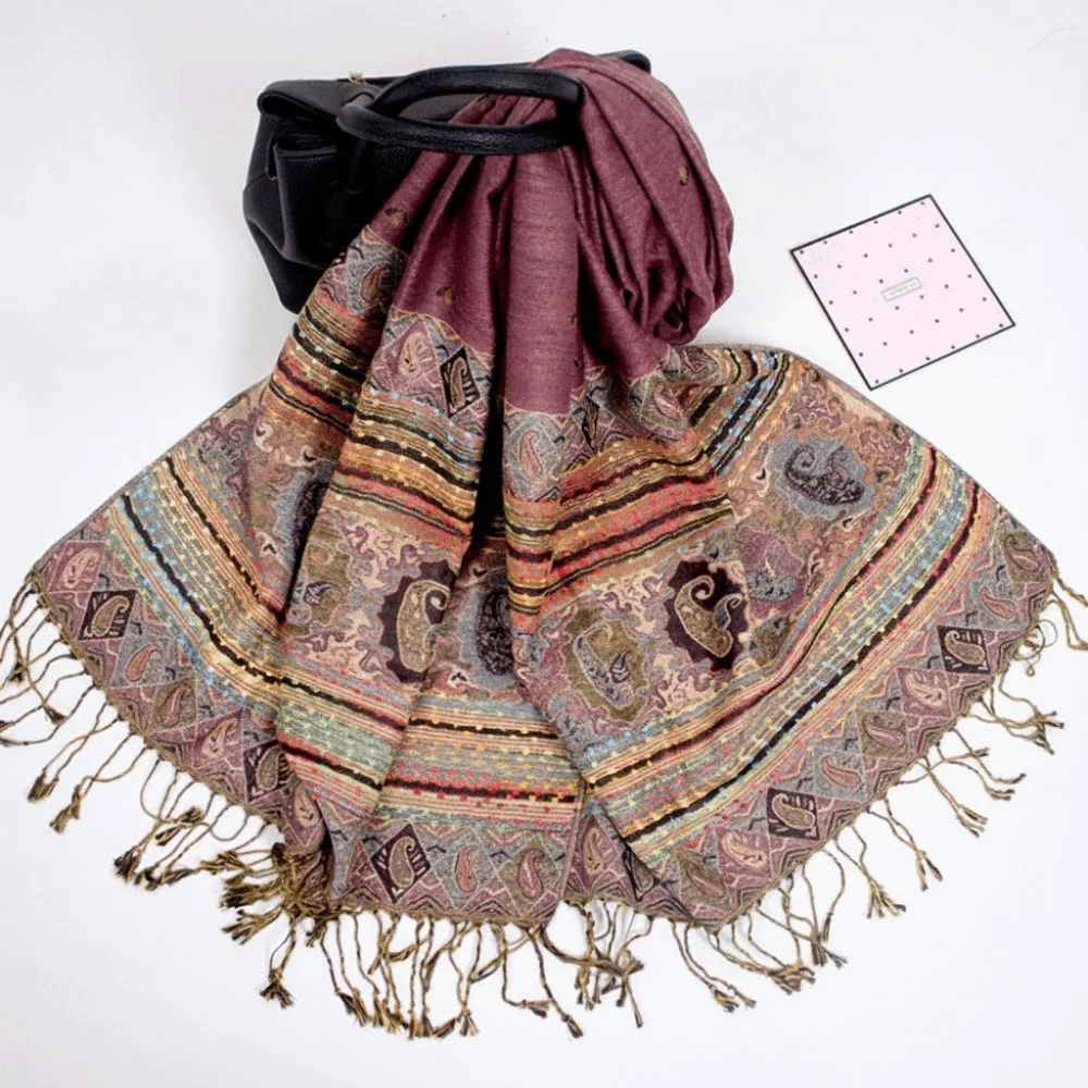 Retro Long Cashew Jacquard Scarf with Tassel Soft Shawls and Wraps Polyester Print Headscarf