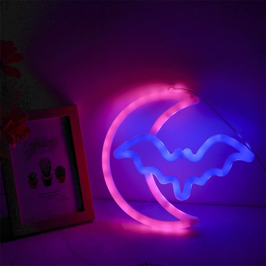 Bat Neon Signs Halloween Led Sign Moon Neon Light Sign Word Neon Light Sign Party Birthdad Bedroom Spooky Bat Holiday Wall Decor