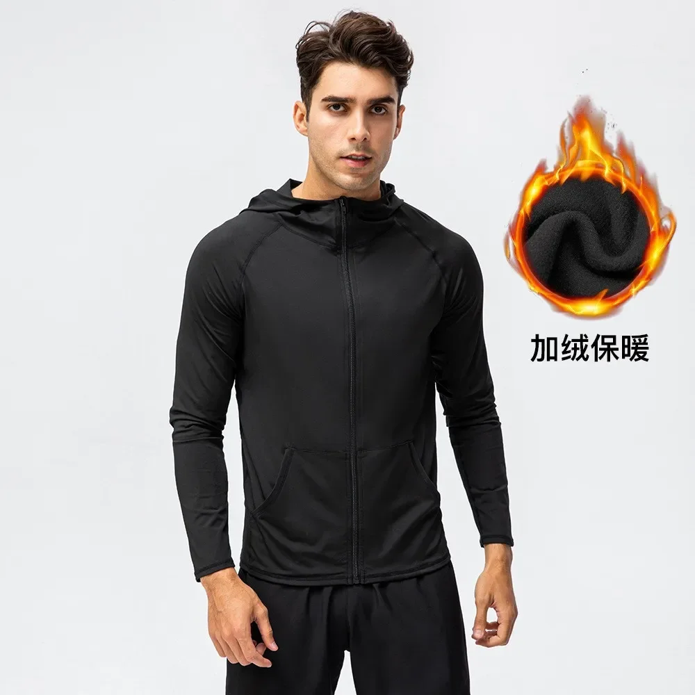 Men's Workout Tops Zipper Jacket Hoodie Gym Running Training Sportswear Autumn Winter Fitness Coat with Fur 2024 Black Gray