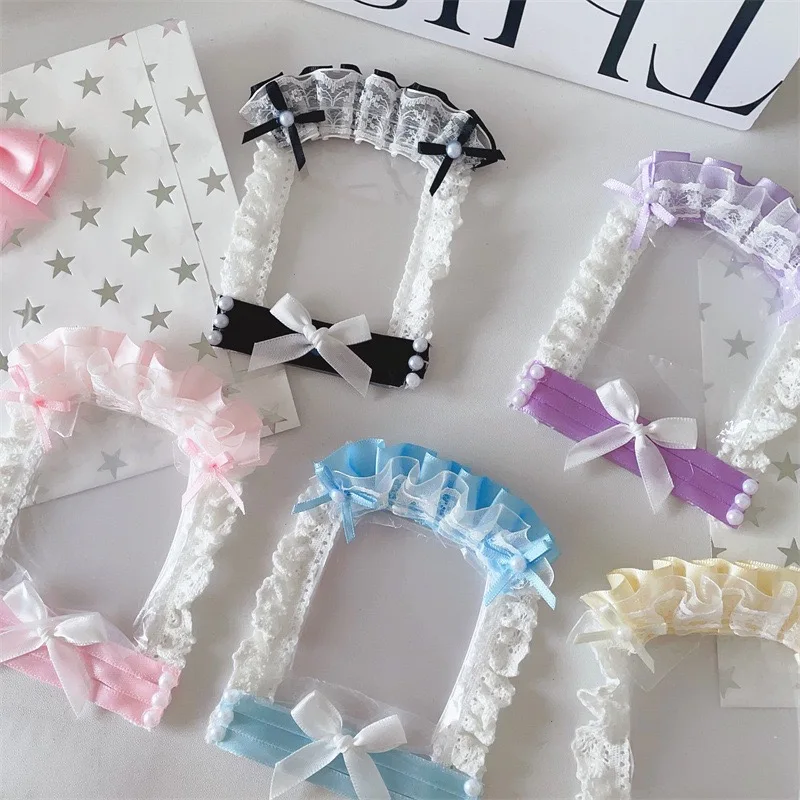 Kawaii bow Lace Sleeve 3 inch Kpop Photocard HolderAcrylic DIY fabric pendant Storage display School Photo Card Holder Bag