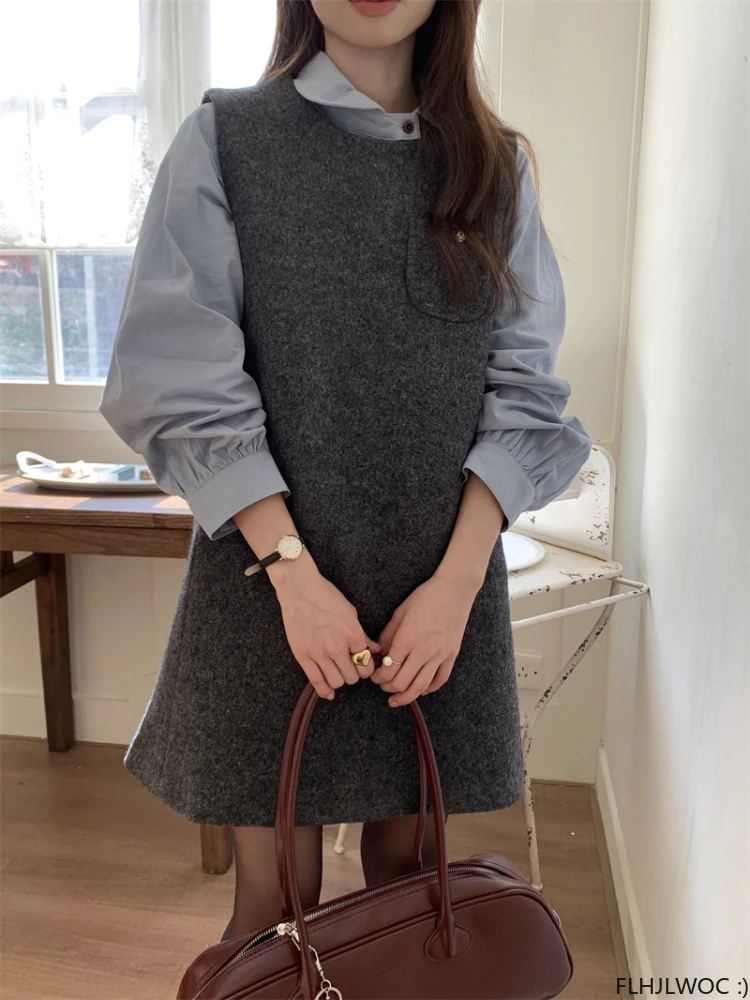 Chic Korea Feminine Vestidos Hot New Year Date Girls Women Japan Style Retro Vintage Sleeveless Cute Woolen Vest Dress