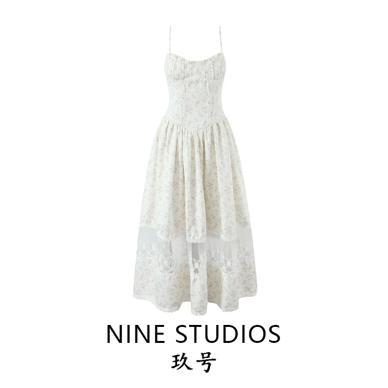 

NINE ZAR Women's Gentle Floral Lace Splice Belted Long Dress Gown High Waist A-Line Skirt Strapless Dress for Date Casual Travel