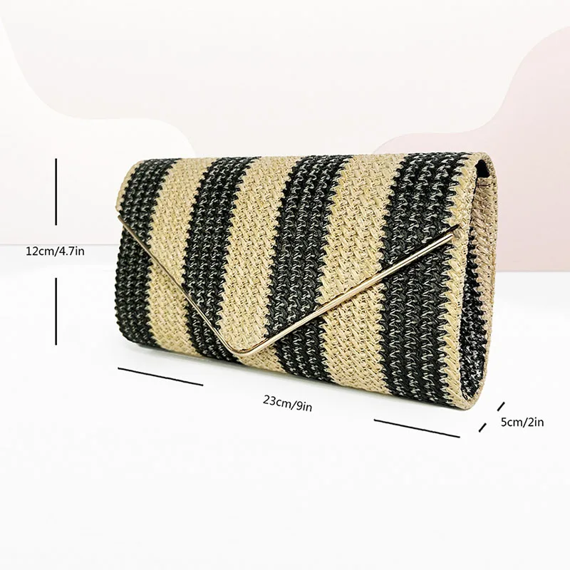 2024 New Summer Beach PP Straw Envelope Crossbody Bag Women Woven Clutches Striped Black Handbag Casual Chain Shoulder Purses