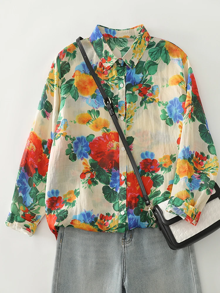 Spring Autumn Printed Cotton Hemp Long Sleeve Shirt Women New Thin Breathable Artistic Blouse Large Loose Casual Shirt Top S105