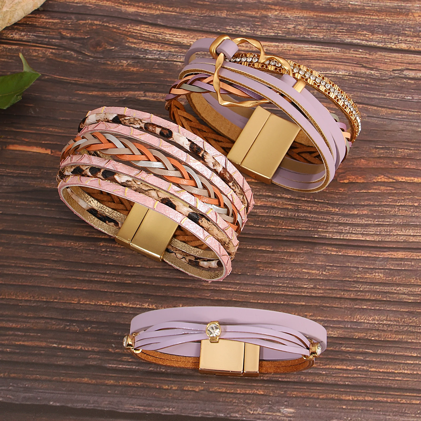 Amorcome Bohemian Stackable Woven Leather Bracelet for Women Hollow Heart Irregular Metal Buckle Bracelet Party Jewelry Gift