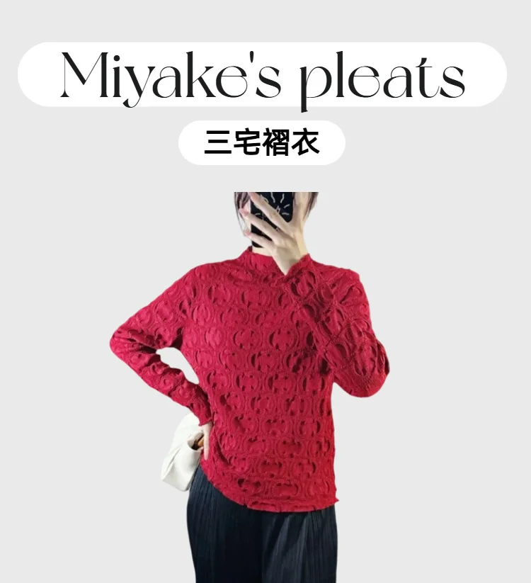 Miyake-Camiseta roja con diseño plisado para mujer, camiseta de manga larga con medio cuello alto, bordado en relieve, capa Base interior sencilla y versátil