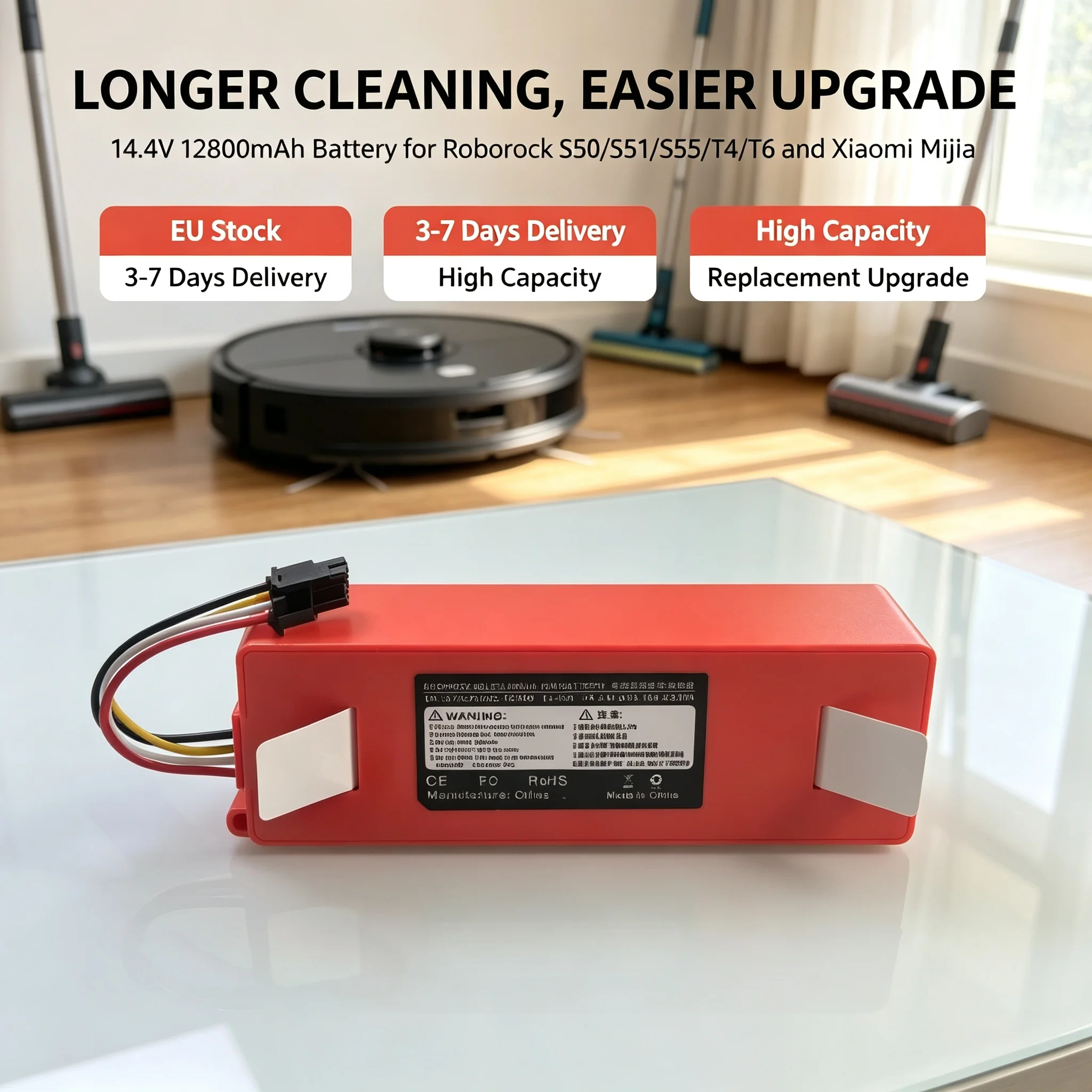 Batteria di ricambio ricaricabile da 14,4 V e 12800 mAh, pacco batterie agli ioni di litio per Roborock E5 S5 S50 S51 S55 S6 S7 Q7 Pure MaxV e per aspirapolvere automatico Xiaomi Mijia.