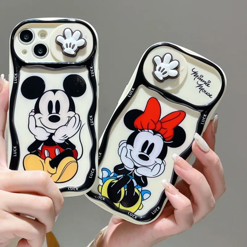 Capa de Celular Fofa Mickey e Minnie Mouse com Lente de Câmera Deslizante para iPhone 17 16 15 14 13 Pro Max, Capa Protetora Antichoque de Desenho Animado