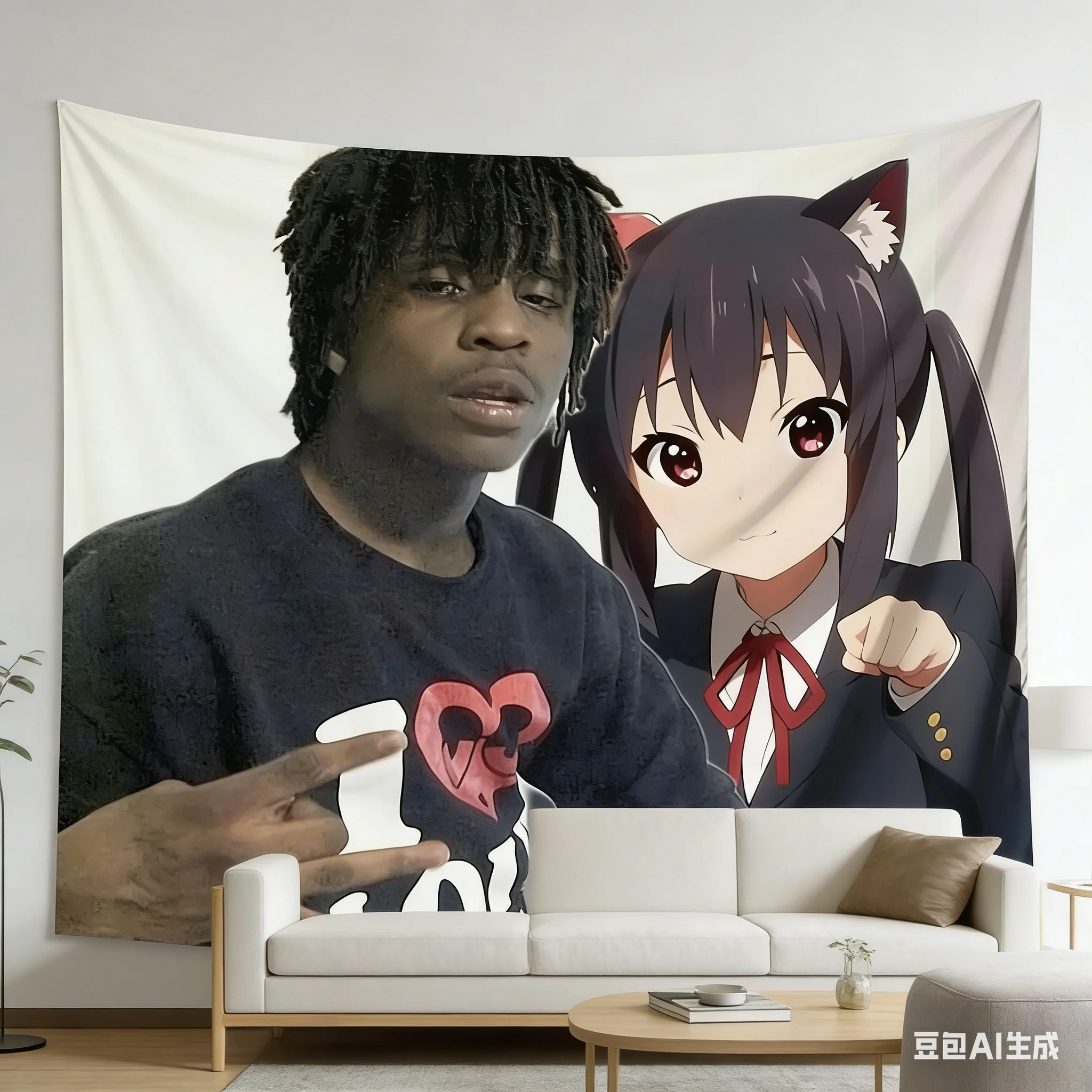 1pc Chief Keef Anime Cat Girl Tapestry, Meme Collage Wall Hanging, Polyester 2D Print, Funny Room Decor for Bedroom, Gift