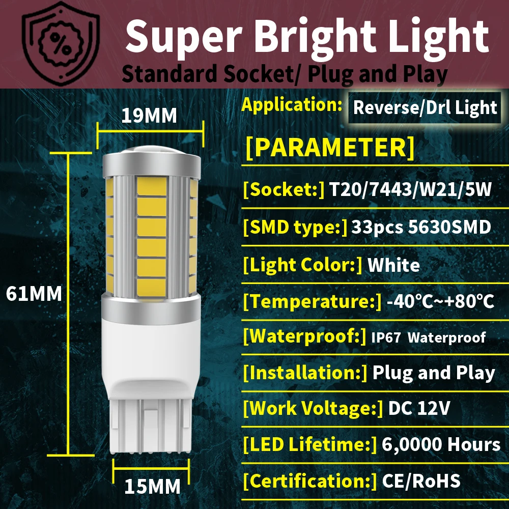2 Stuks T20 W21/5W 7443 W 21W 580 7440 Led Remlamp Achterlicht Canbus Geen Hyper Flitsstop Diode Lamp 12V Voor Ford Ranger 2011 ~ 2024