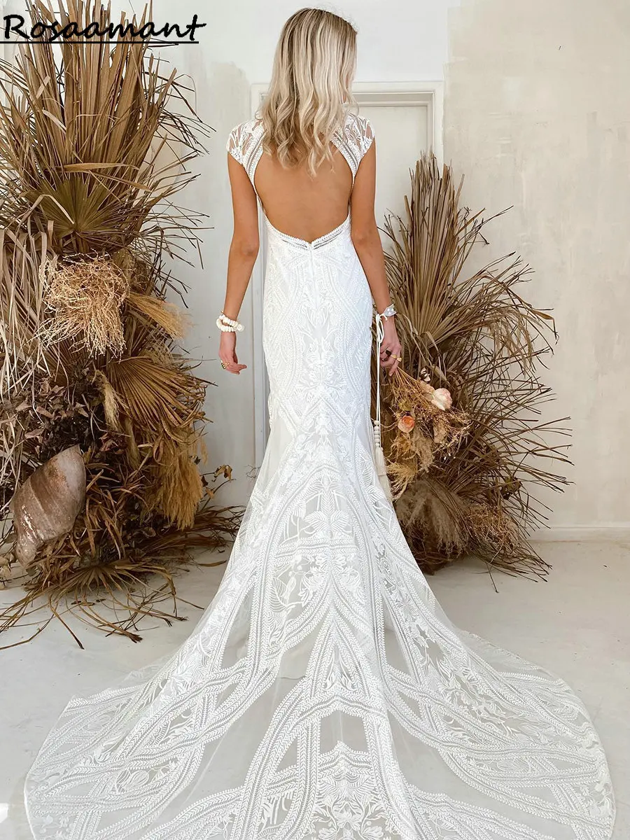 Bohemian Illusion O-Neck Cap Sleeve Mermaid Wedding Dresses Open Back Lace Appliques Country Bridal Gowns