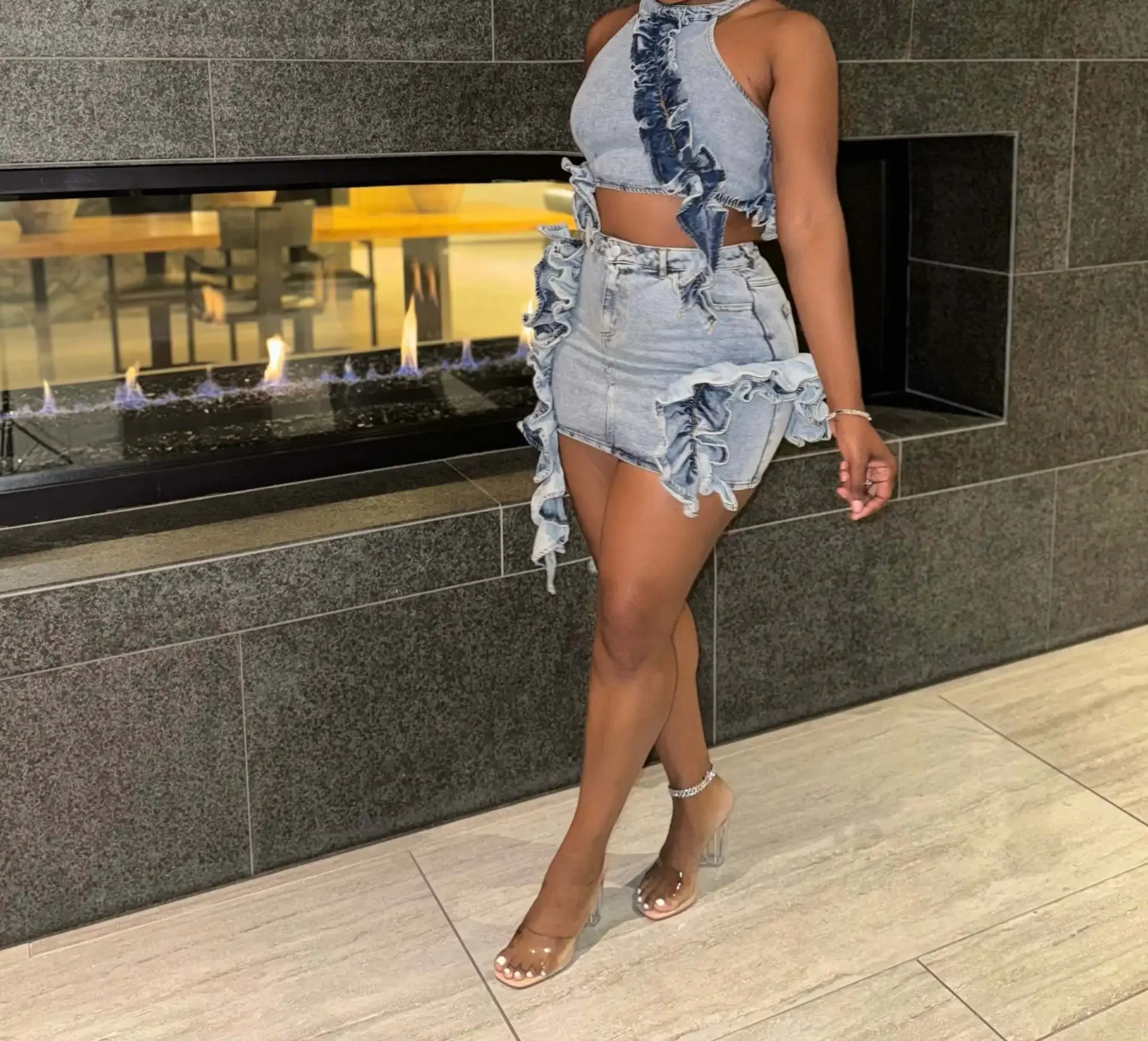 Denim Crop Tops 2 Piece Mini Skirt Sets Women Sexy Cargo Dress Y2K Denim Jean Two Piece Sets Summer Outfits Clothes Ruffle Dress