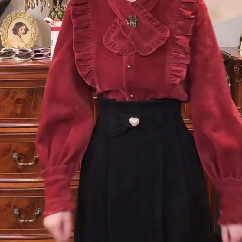 

Модная женская рубашка с длинным рукавом, красный топ, ранняя весна 2026, французский ретро-стиль, с воланами