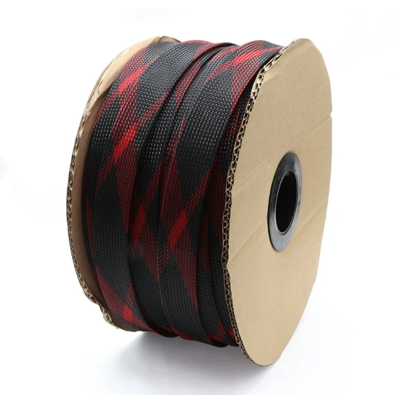 1/5/10/50m Black-Red Cross PET Braid Sleeves 2/4/6/8/10/12/14/16/20/25/30mm High Density Insulated Snake Skin Cable Wrap Sheath