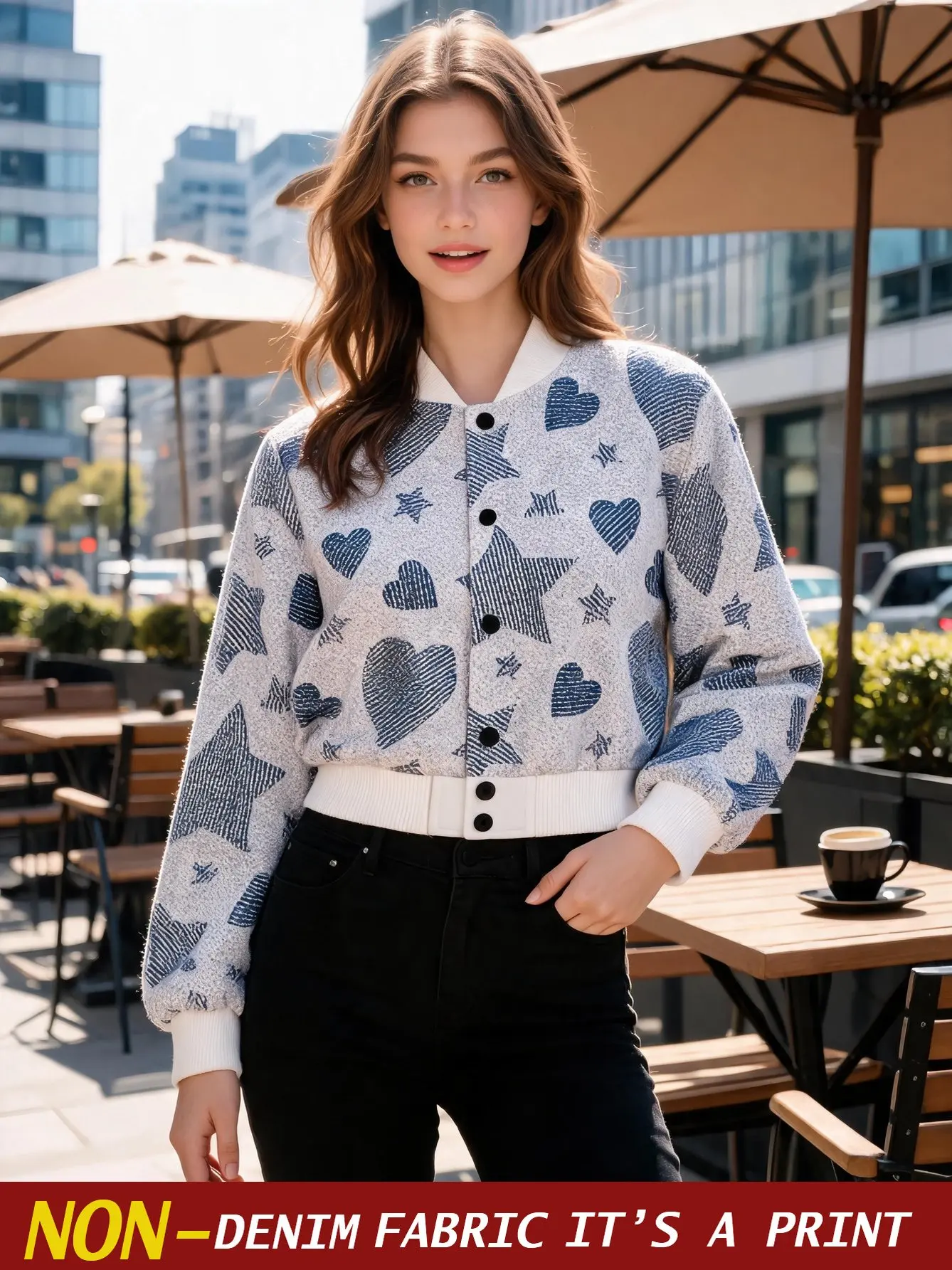 2026 New Women's Faux Denim Printed Button Short Baseball Jacket Coat Light Gray Base Deep Blue Heart Star Print Trendy Loose Ca