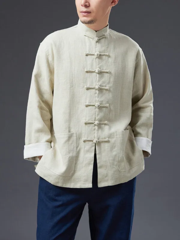 

New Chinese Sle Men's Loose Fit Jaet Tea Ceremony Clothing Stand Collar Button down T Top for Autumn And Winter