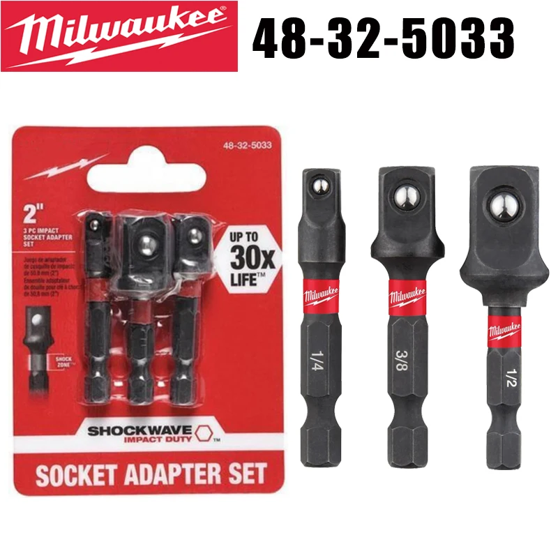 Image of Milwaukee 48-32-5033 3-teiliges 1/4" 3/8" 1/2" Shockwave Schlagschrauber-Steckschlüsseladapter-Set 2 Zoll