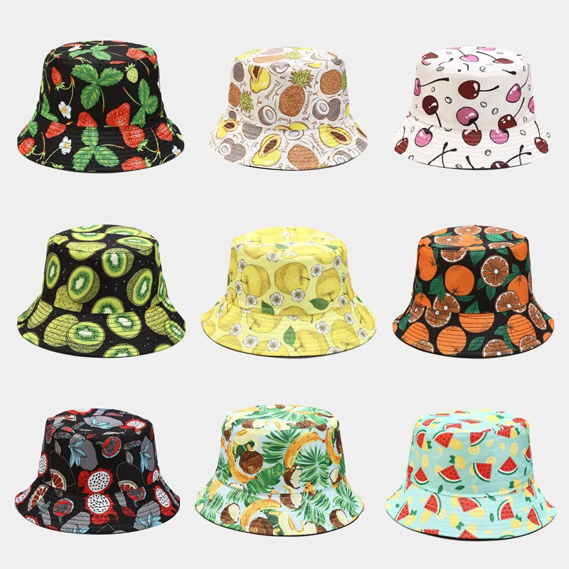 New Fruit Pattern Fisherman Hat Men and Women Outdoor Leisure Sunscreen Sun Hats Double-sided Panama Bob Cap Bone