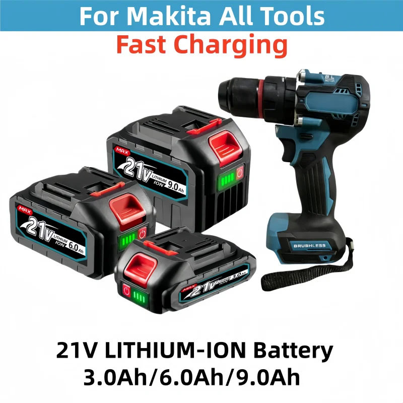 New 21V 6000mAh Rechargeable Li-ion Battery,Fast Charge Built in BMS Protection for Makita 18V Drill Power Tools