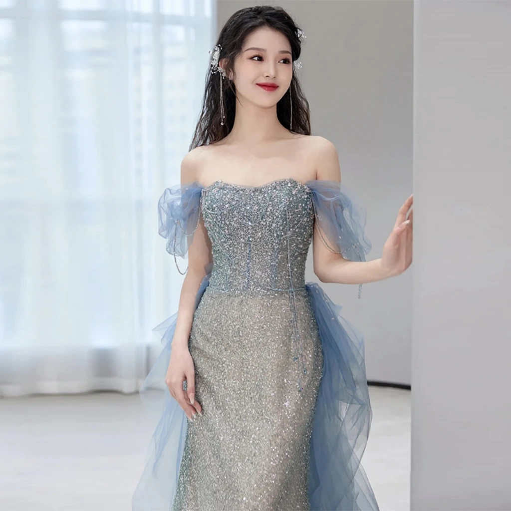 Blue Luxury Senior Evening Dresses Strapless Beading Off The Shoulder Sequin Gradient Blue Cockital Host Party Evening Prom Gown