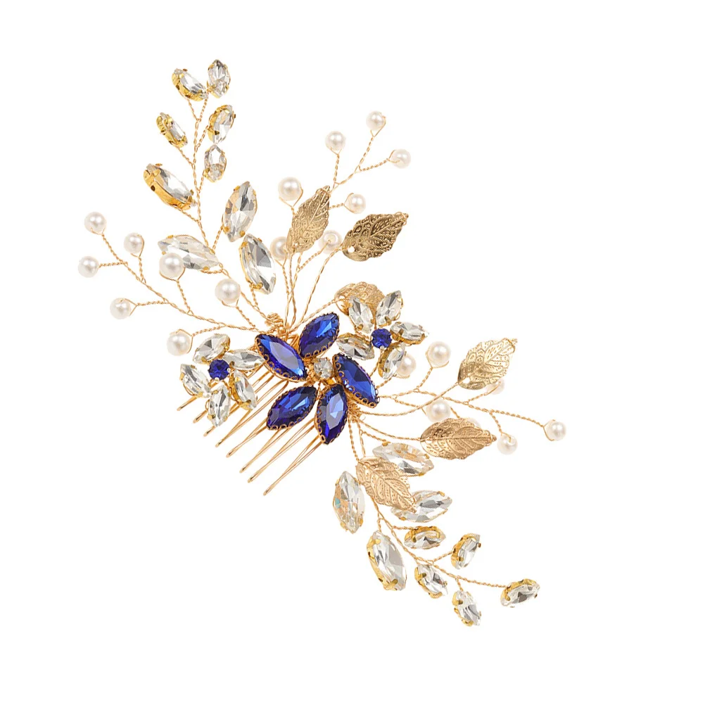 مشط شعر من حجر الراين باللون الأزرق اللؤلؤي أنيق لحفلات الزفاف وحفلات الزفاف وحفلات التخرج للفتيات على شكل زهرة العروس وغطاء الرأس