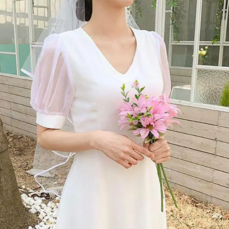 V-neck Simple Wedding Dresses Elegant Ankle-length A Line Bridal Dress With Short Sleeve New Formal Evening Dress Customized