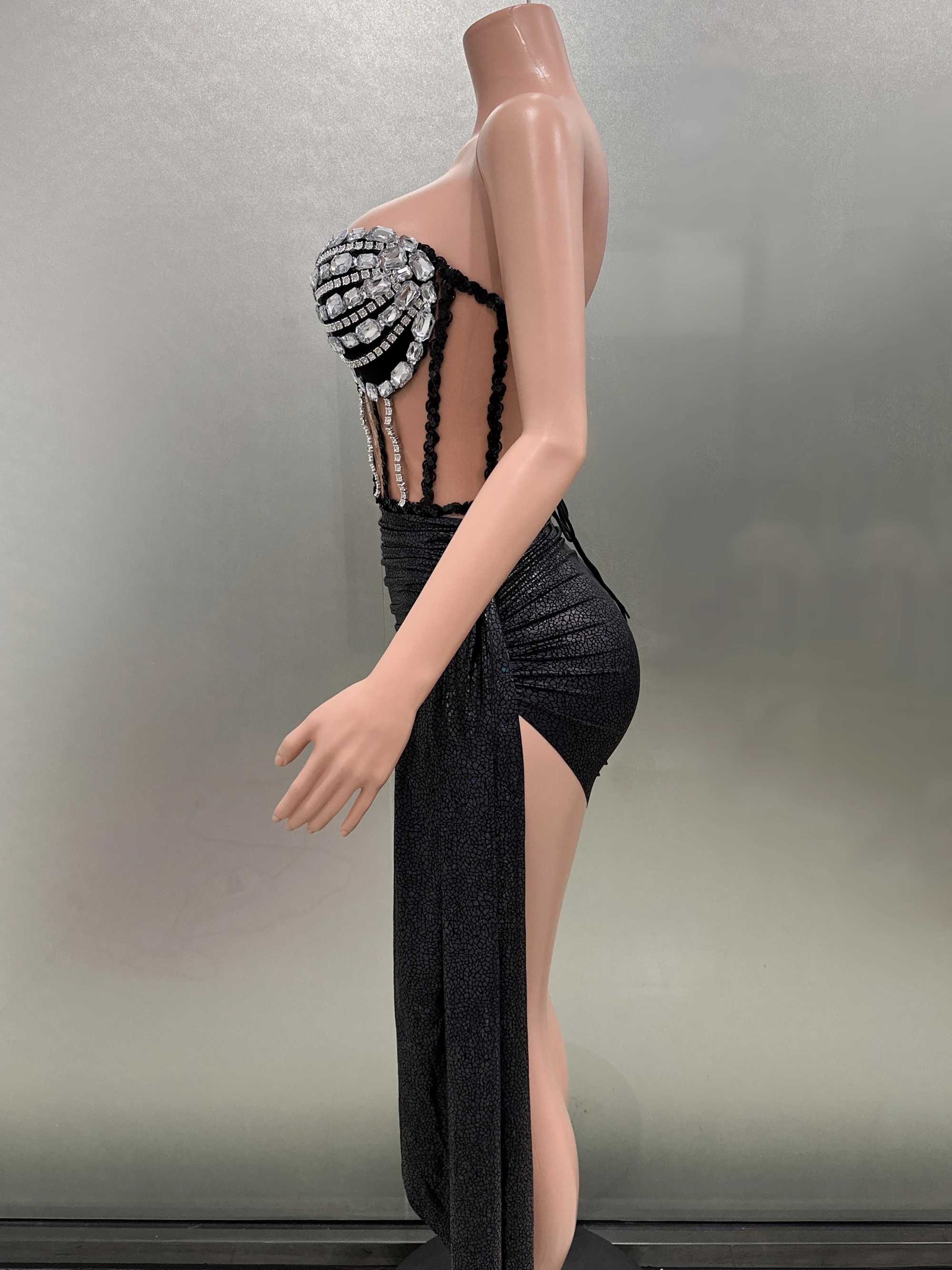 STOCK Women Sexy Strapless Crystal Tops Bodycon Skirts Set 2 Pieces Celebrate Nightclub Party Birthday Performance Costume