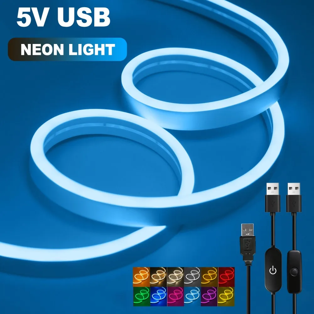 5V USB LED Neon Strip Light Touch Dimmer/ON OFF Switch 1M 2M 3M 5M Waterproof Flexible Neon Diode Tape 11 Colors for Home Decor