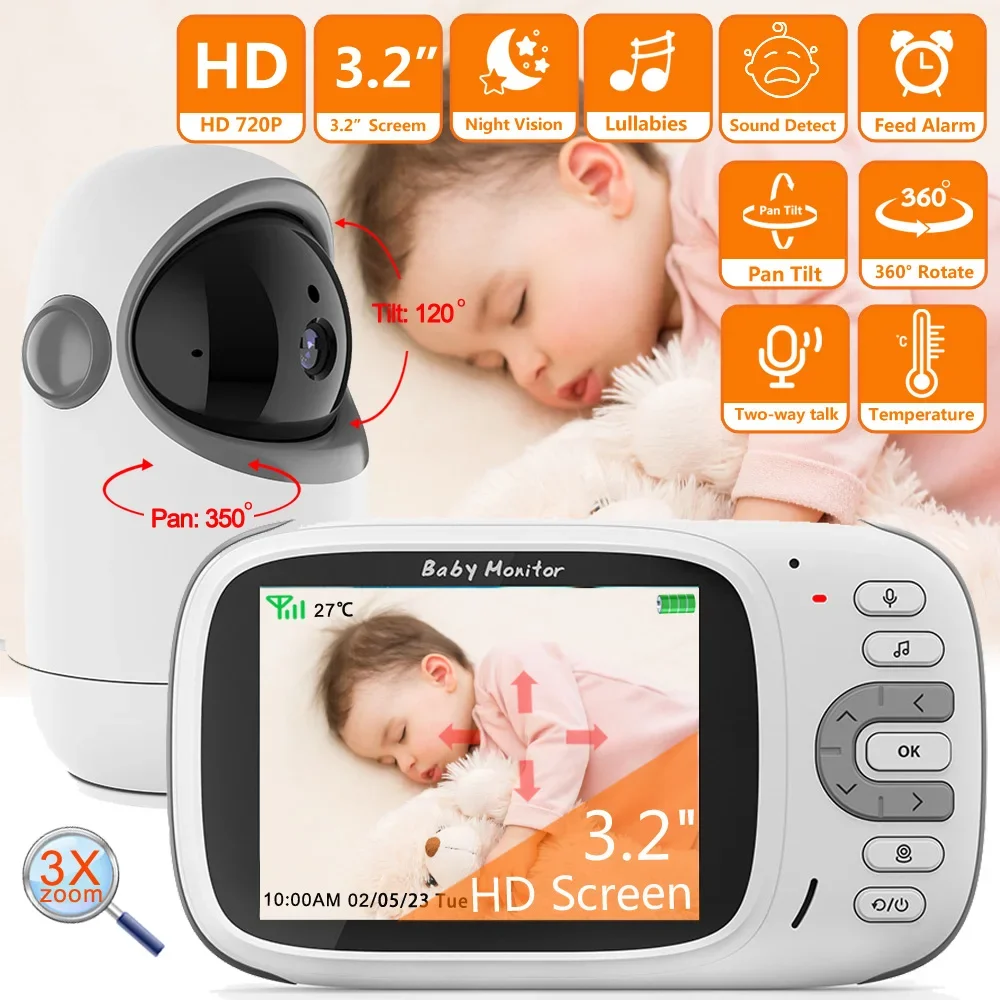 

VB802 Baby Monitor 3.2Inch LCD PTZ Video Surveillance Camera with Temperature IR Night Vision Mother Kids Babyphone Nanny Camera