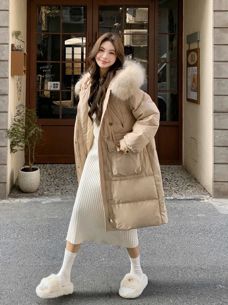 여성용 두꺼운 따뜻한 푹신한 패딩 재킷 신상 겨울 오버사이즈 탑 의류 한국 스타일 긴 후드 화이트 덕다운 코트 여성용