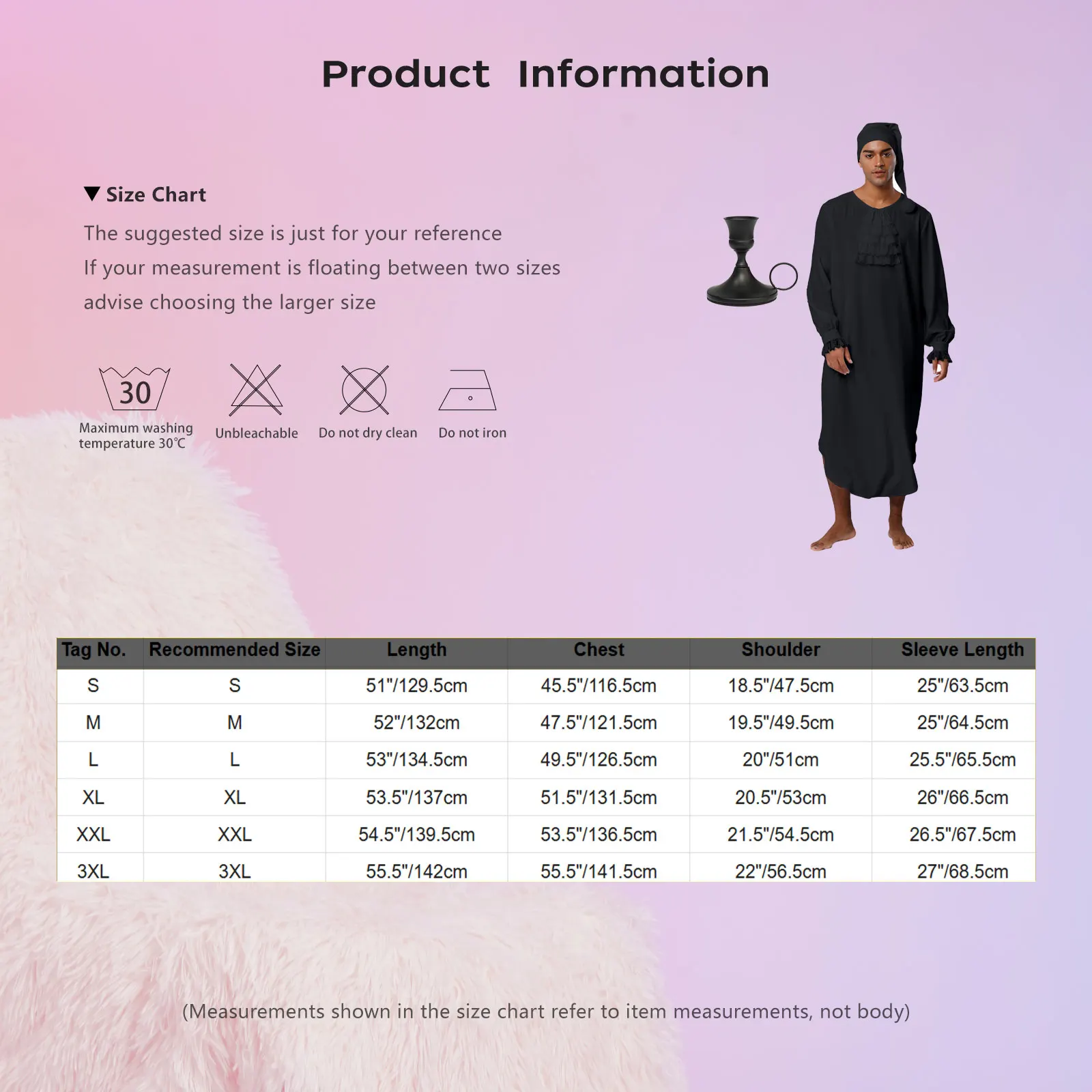 Mens Medieval Victorian Nightgown Long Sleeve Lace Trim Ruffles Collar Night Dress with Hat Candle Holder for Halloween Cosplay - view 6