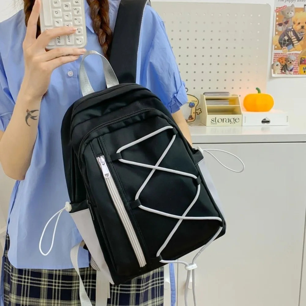 Multi-pockets Drawstring Backpack Solid Color Large Capacity Student School Bag Durable Cloth Travel Rucksack Outdoor Activities