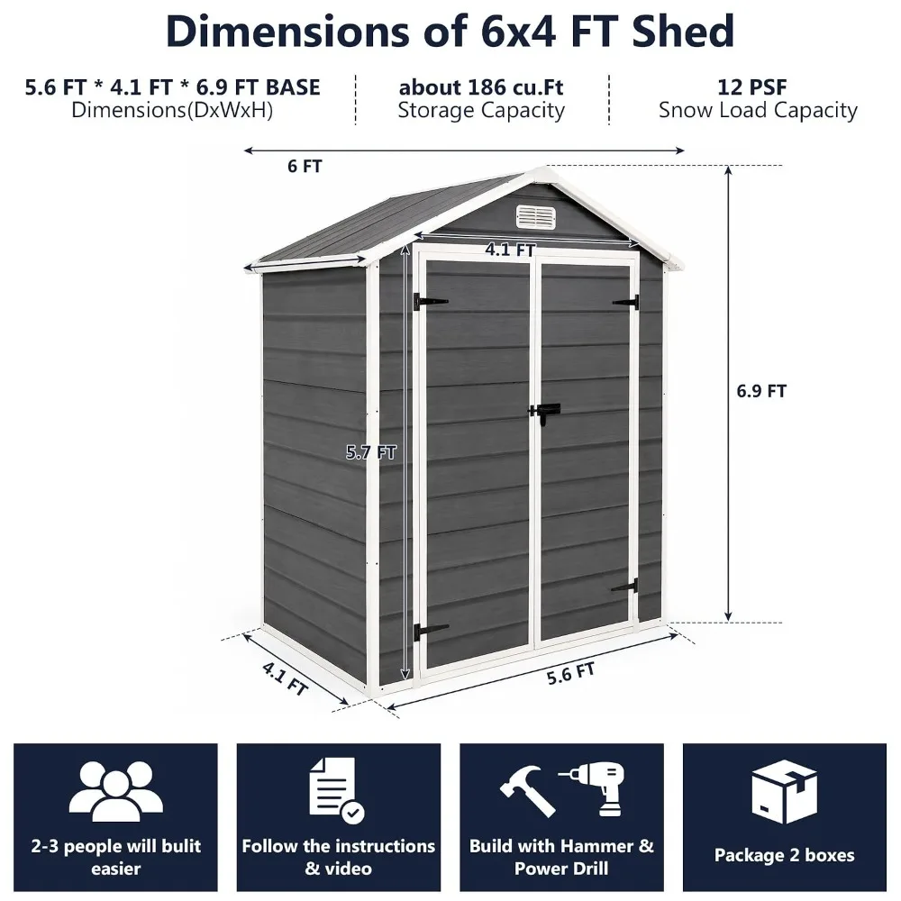 6x4 FT Outdoor Storage Shed with Shelf, Resin Shed with Lockable Door, Reinforced Floor, Window & Vent, Waterproof, Custom