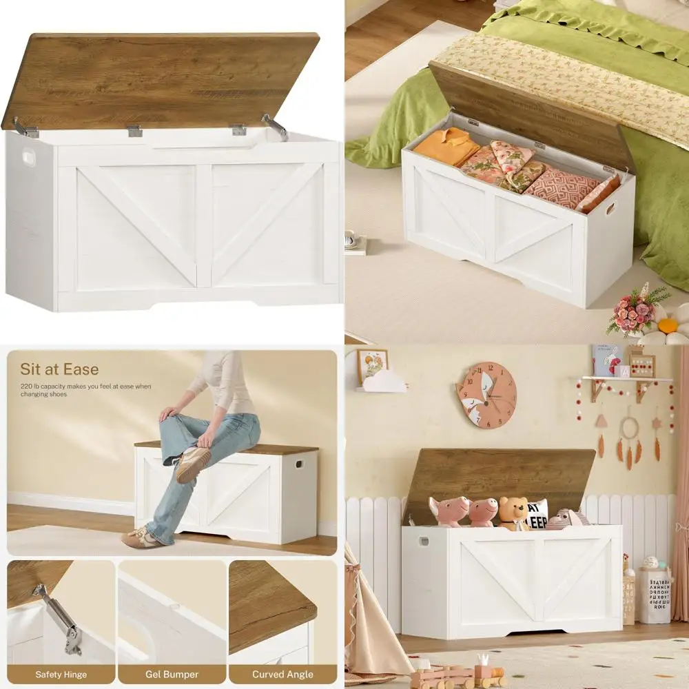 

lift-top wooden storage chest with safety hinges for toys, living room, and bedroom