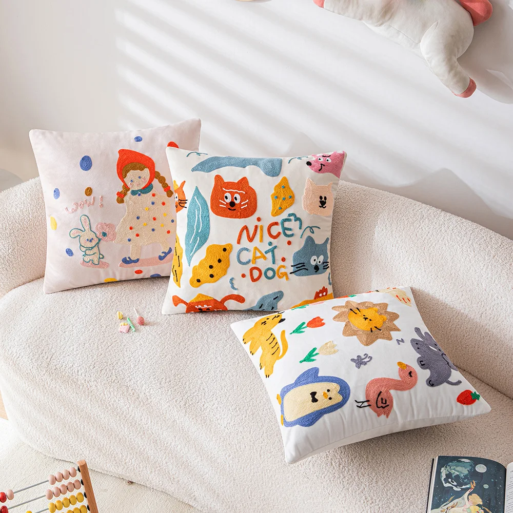 Line Cute Cushion Cover Zoo Print Baby Embroidered Durable Pillow Cases Mid Century Aesthetic Modern Boho For Kids Bedding