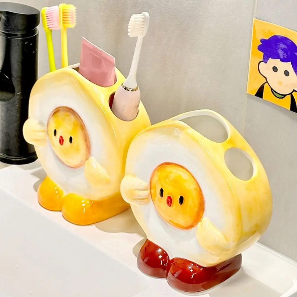 Ceramic Egg Shaped Toothbrush Holder Creative Cartoon Toothpaste Toothbrush Rack Stable Anti-Slip Base Toothbrush Storage Rack