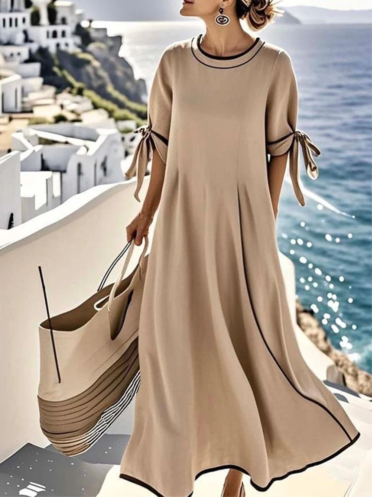 2025 Spring Summer Tie-up Short Sleeve Boho Dress Women Fashion Contrast Color O Neck Long Dress Casual Loose A-Line Beach Dress