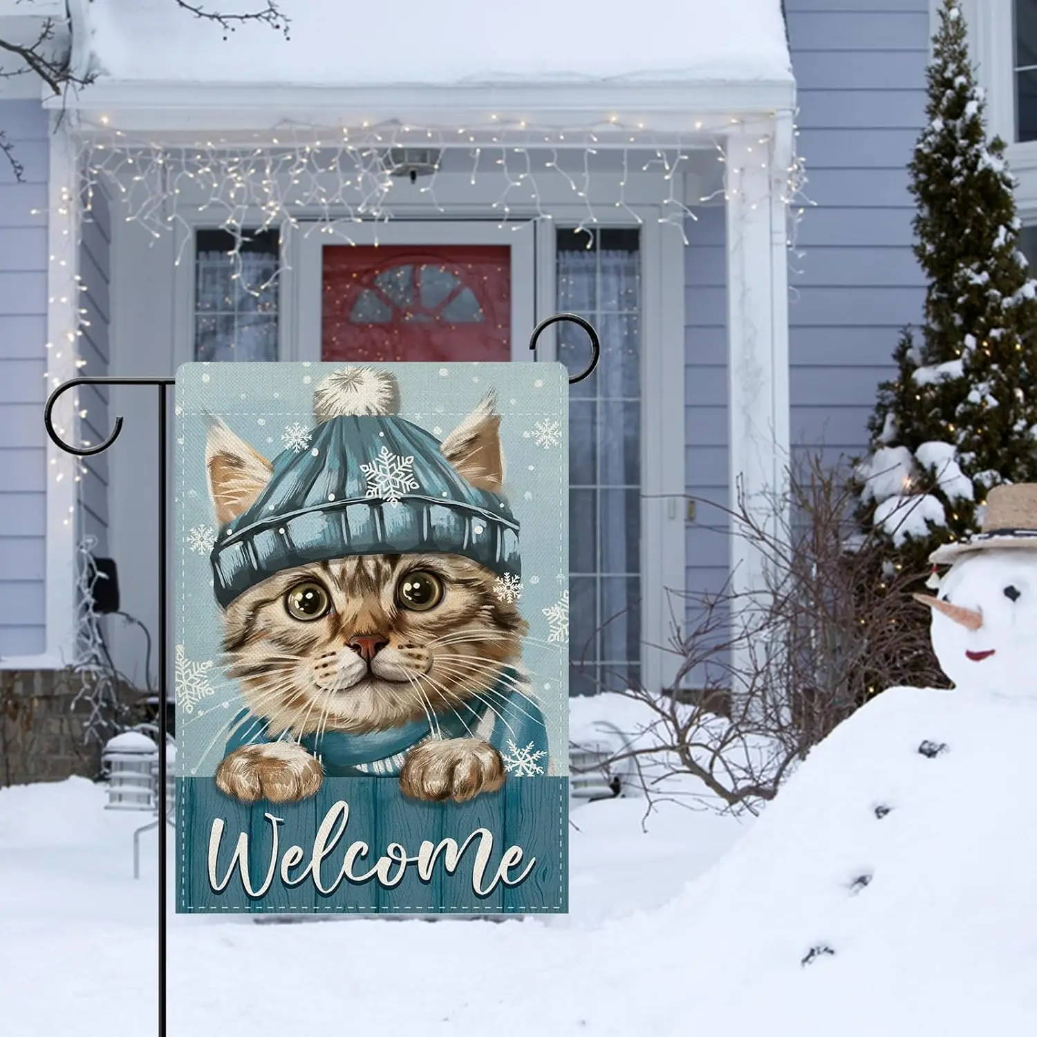 Dyrenson Welcome Winter Tabby Cat Blue Decorative Garden Flag, Snowflake Yard Outside Home Decoration Pet Owner Lover Gift,  EEZ