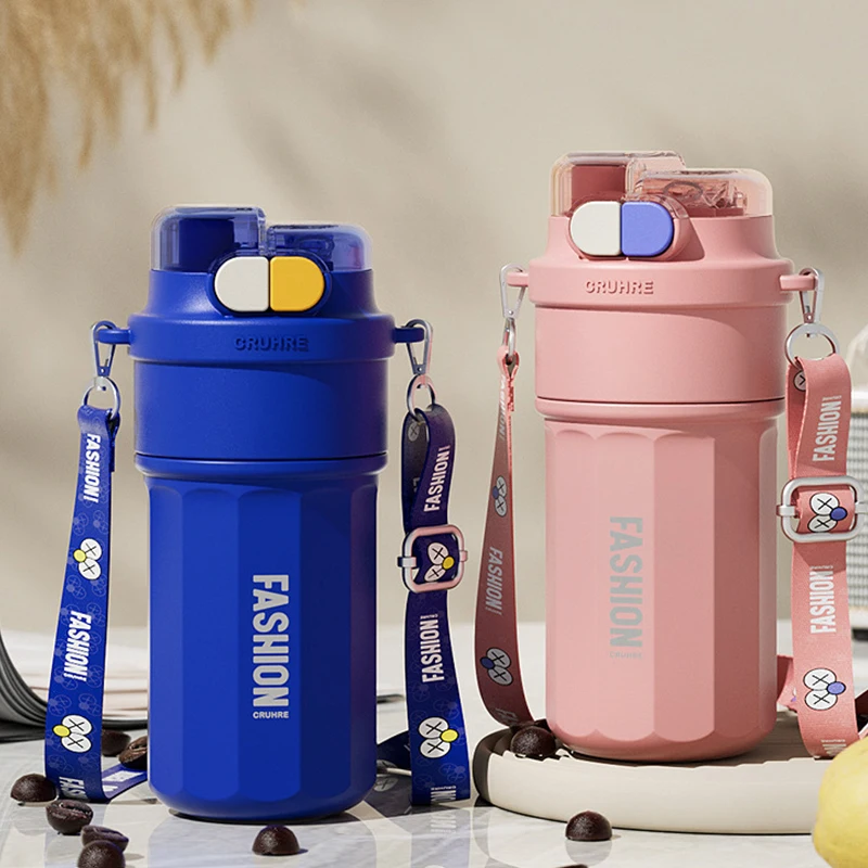 

520ml Portable Insulated Coffee Cup for Men and Women Sports Carrng Mug Dual-Drink with Shoulder Strap for Students Outdoor