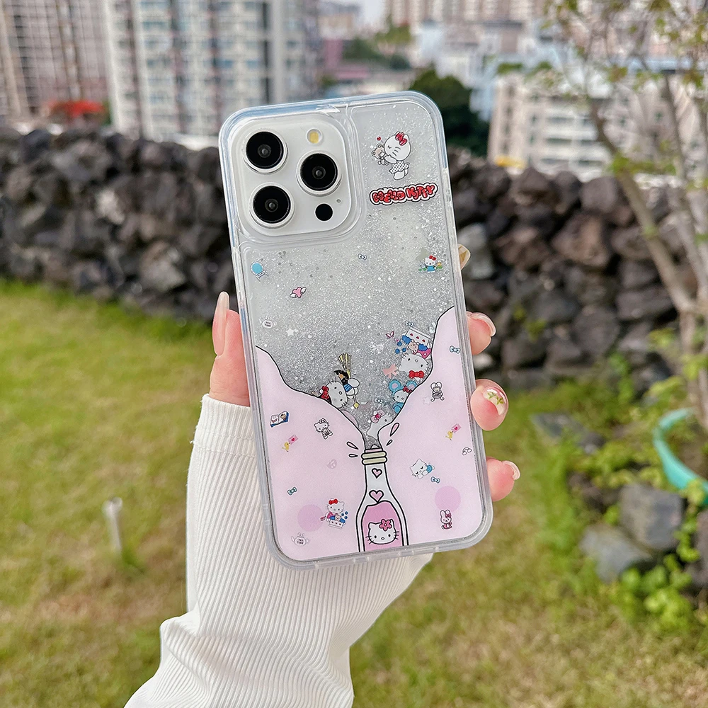 Cartoon Cute Drifting Bottle Hello Kitty Luxury Quicksand Phone Case for IPhone 15 14 13 12 11 Pro Max Clear Back Cover Gift