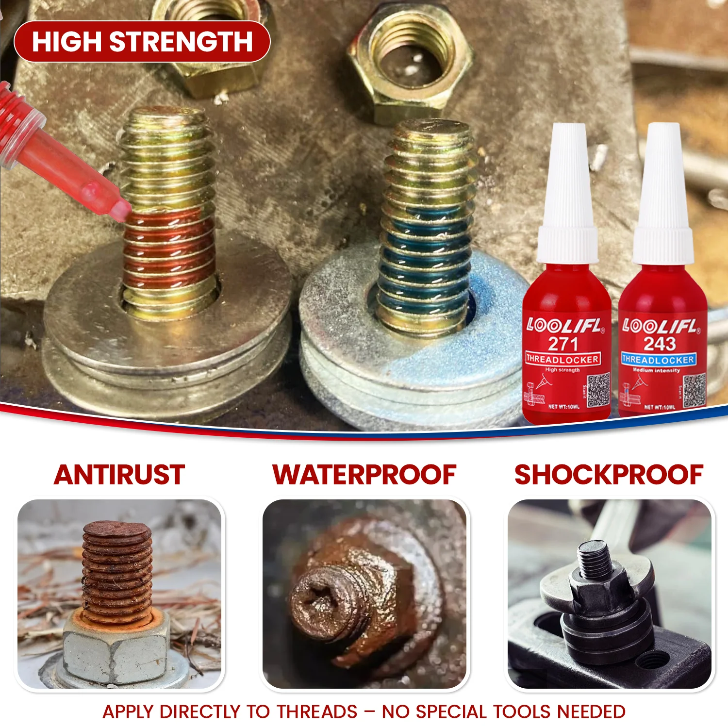 LOOLIFL 243, 271 adesivo per filettature, a media/alta resistenza,bloccante per filettature, adesivo anaerobico, per bulloni di riparazioni automobilistiche/macchine edili/macchine agricole per prevenire l'allentamento