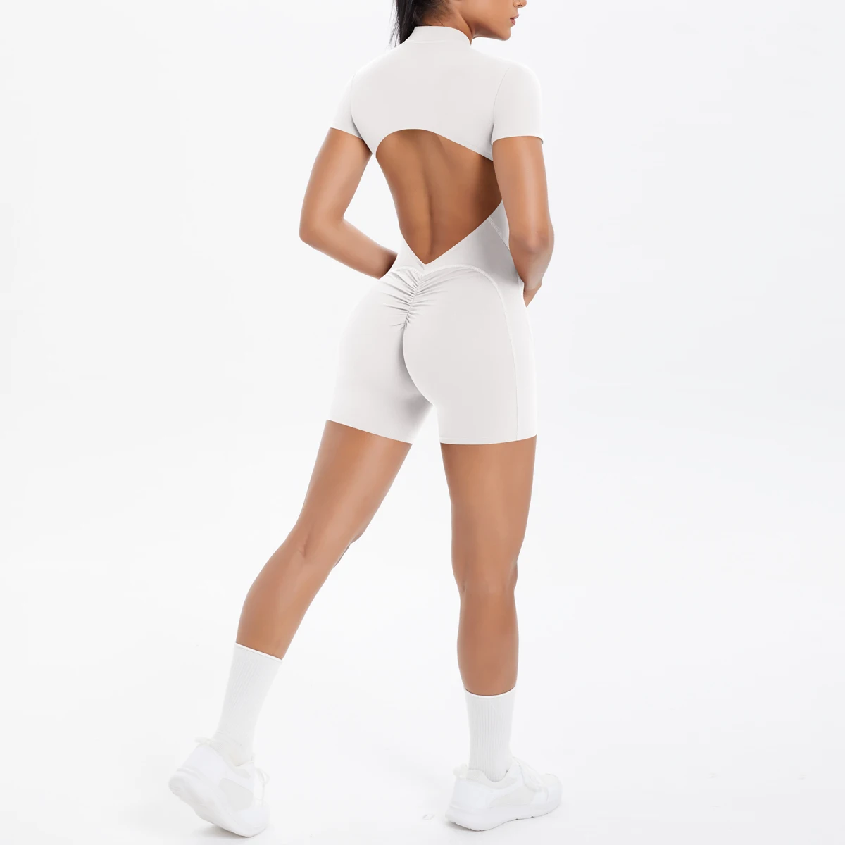 Ausgehöhlter, rückenfreier, kurzärmliger Reißverschluss-Overall für Damen, Overall, Yoga-Anzug, einteilige Legging, kurze Push-Up-Gymnastik-Yoga-Kleidung – Detail 9