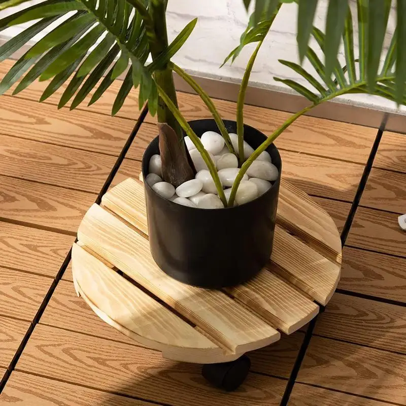 Wooden Plant Holder Stand Rolling Flower Pot Display Stand Planter Base With Wheels Round Pot Holder Indoor Outdoor Home Decor