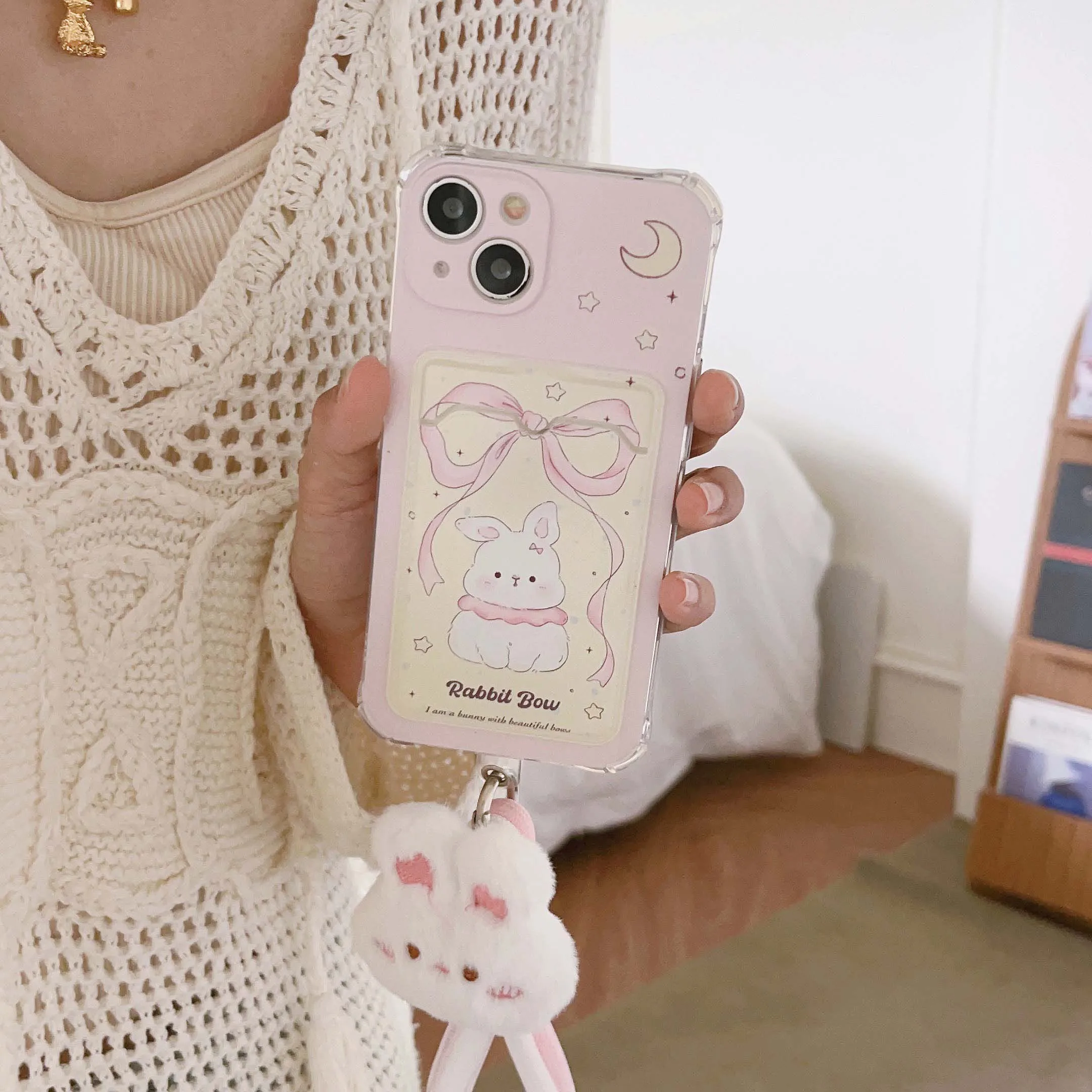Cute Pink Bow Rabbit Card Bag Phone Case For Iphone 13 11 14Pro 15ProMax 13Pro 12 14 15 Pro Max 13ProMax Plush Bunny Rope Cover
