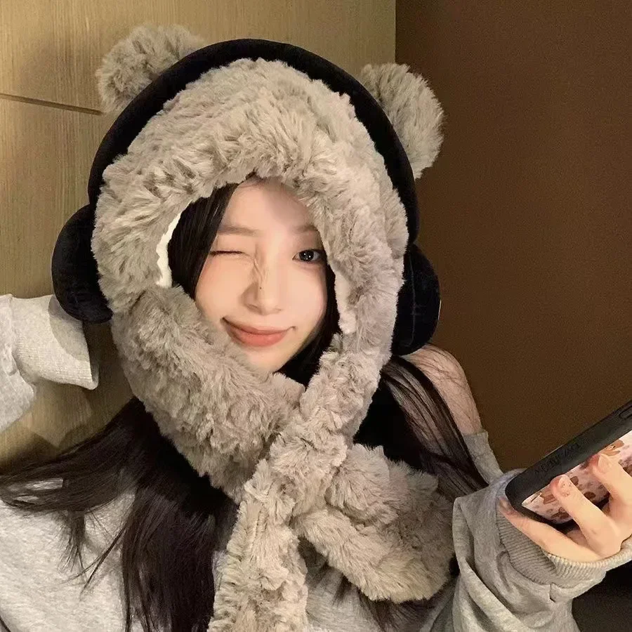 Warm Bear Ear Hat with Scarf for Women Winter Windproof Neck Protection and Soft Ear Muffs Cold Weather Fleece Lined Hood