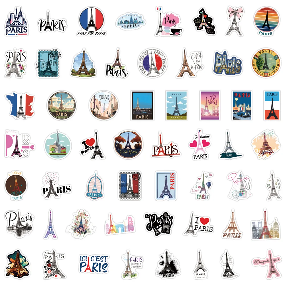 França Paris Viagens Cenário Adesivos, Torre Eiffel Comemorar Decalques, DIY Laptop, Guitarra, Bicicleta, Brinquedo das crianças, 10Pcs, 30 Pcs, 50 Pcs, 110Pcs