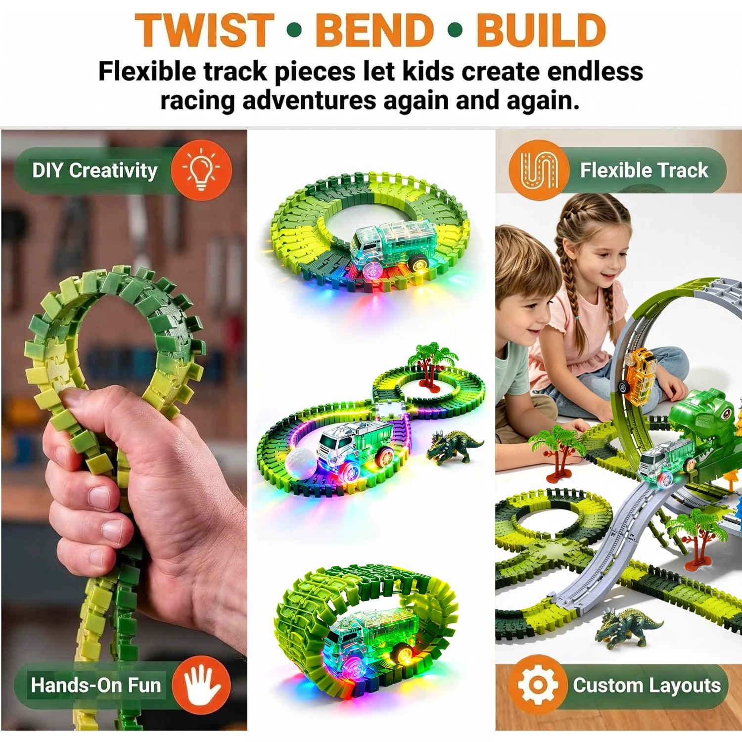 319PCS Dinosaur Transforming Track Car 360 Ring Track Assembly Toy Electric Light-Up Engineering Vehicle Children's Dinosaur Wor