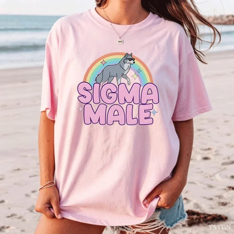 Sigma Male Lone Wolf T Shirt Funny Weird Rainbow Wolf Graphic Tee Men Women Casual Trendy Loose T-shirt Men's Clothing Tops